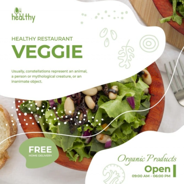 Desain brosur katering dengan foto hidangan salad segar